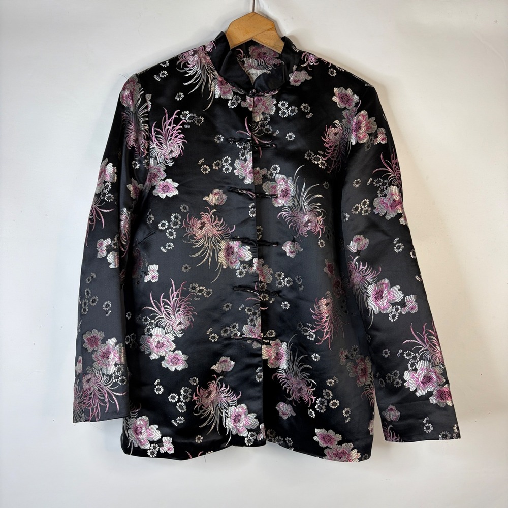 Dressbarn Jacket Women 1X Black Floral Brocade Mandarin Collar Frog Closure
